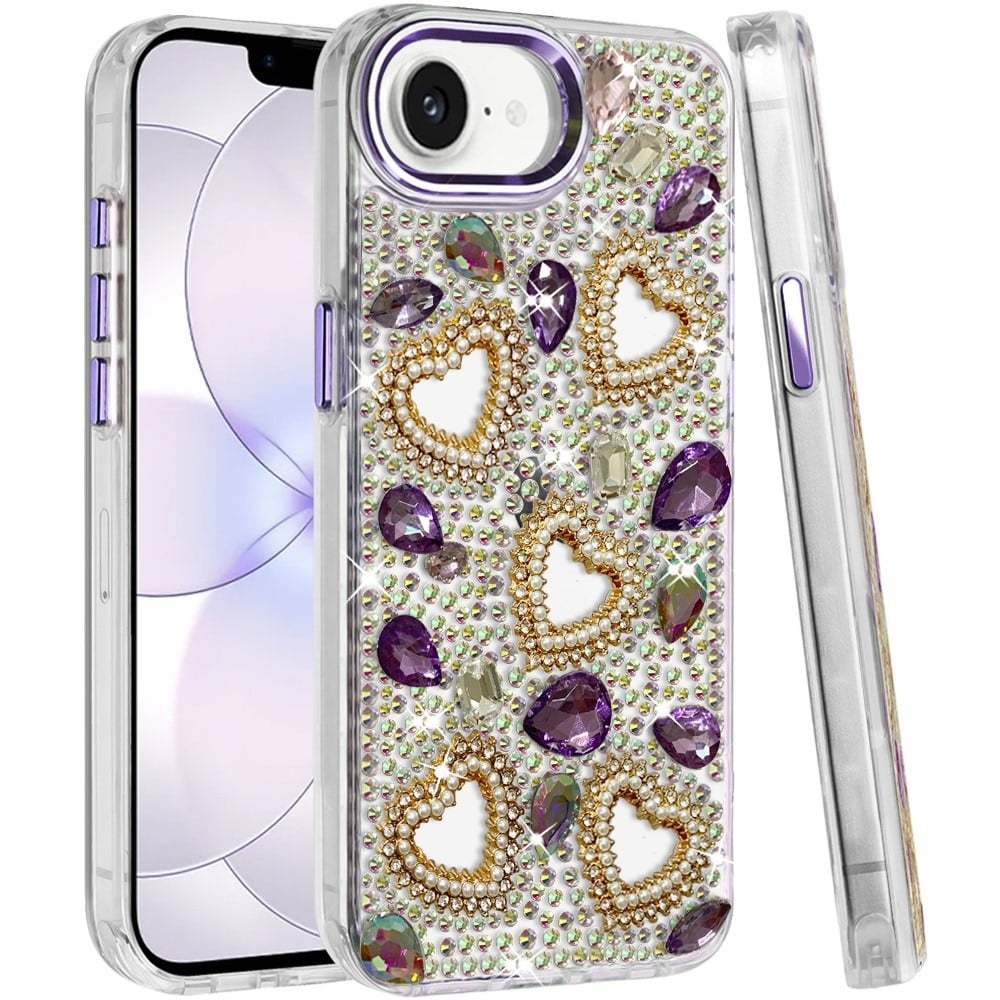 Phone Case for Apple iPhone 16 E (6.1") Luxury Crystal Heart Rhinestone Diamond Bling Shockproof Hybrid Glitter Protective Stylish Durable Grip Cover