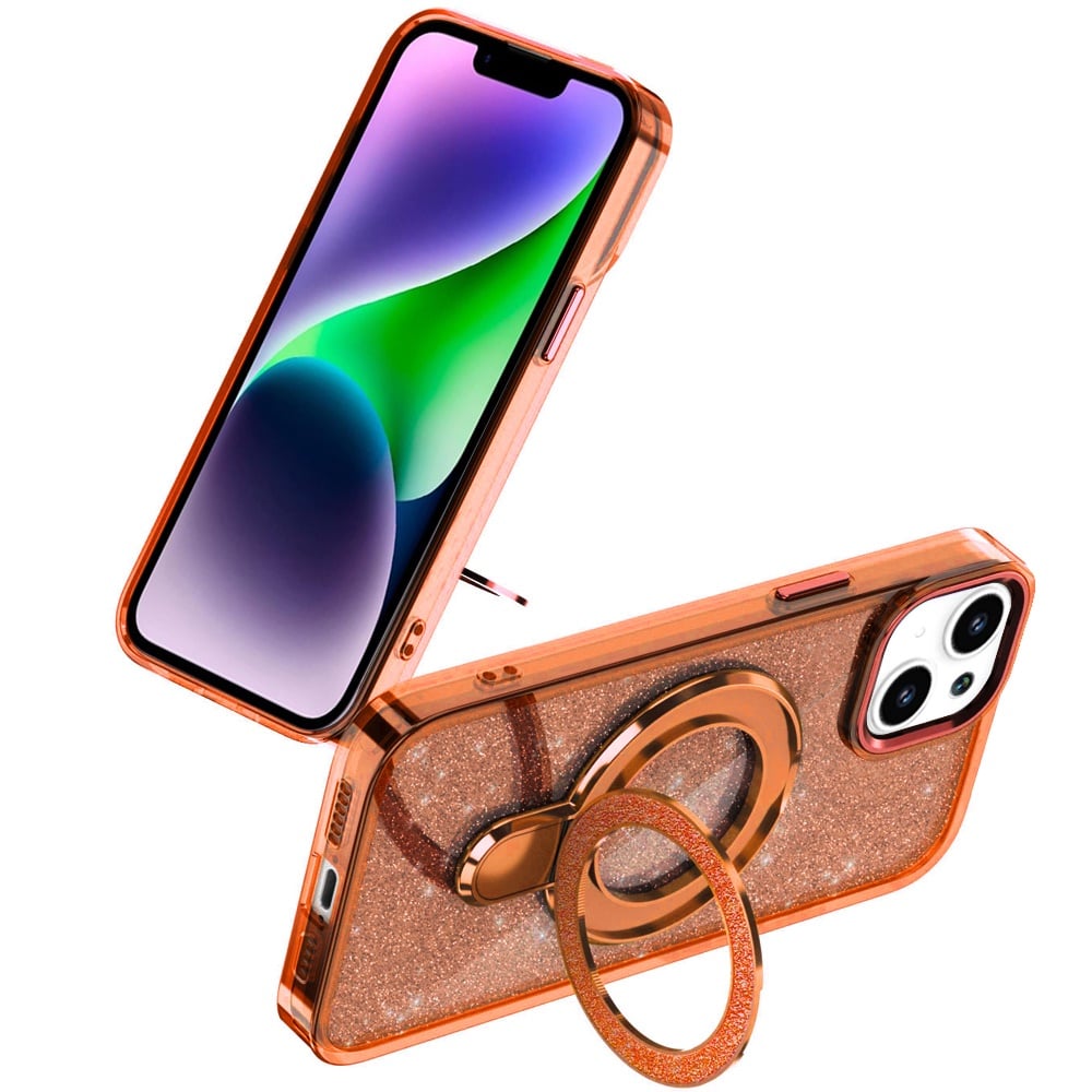 For iPhone 14/13 (6.1") Transparent Glitter Bling Case with Rotating Magnetic Ring Stand, Shockproof Hybrid Case Cover Cosmic Orange