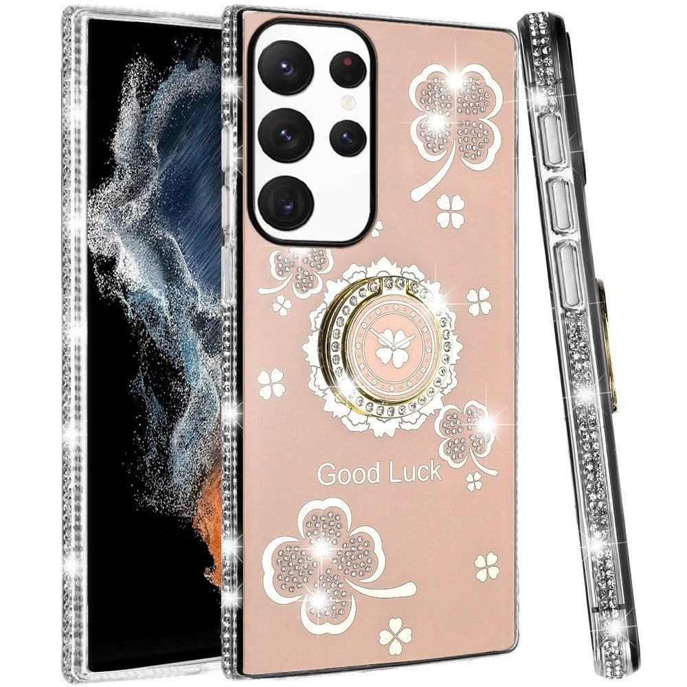 For Samsung Galaxy S22 Ultra Diamonds Bling All Around Edges Sparkly Glitter Hybrid Ring Stand Holder Fashion Good Luck Case Cover