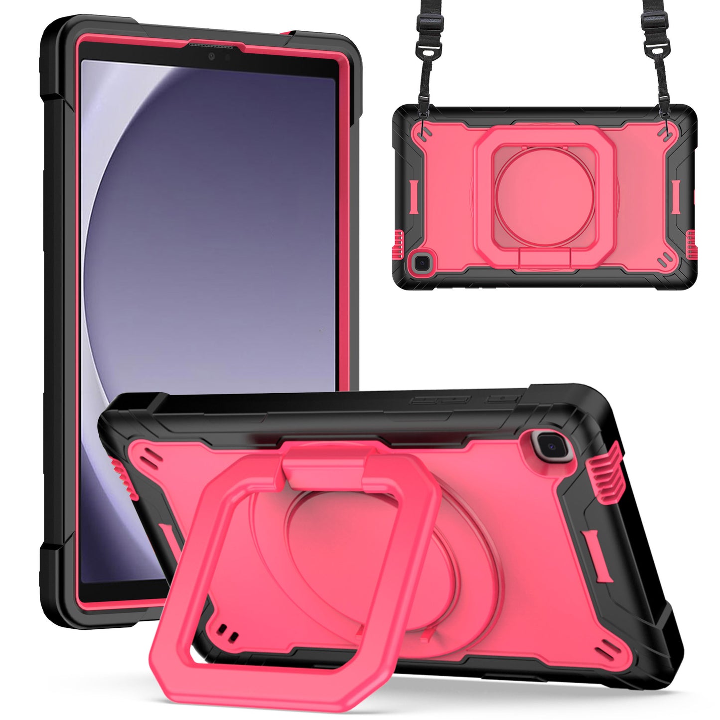 For Tough Hybrid 3 in 1 Case with 180° Rotating Kickstand, Adjustable Shoulder Strap, Shockproof TPU Rubber PC Red / Black Tablet Case Cover