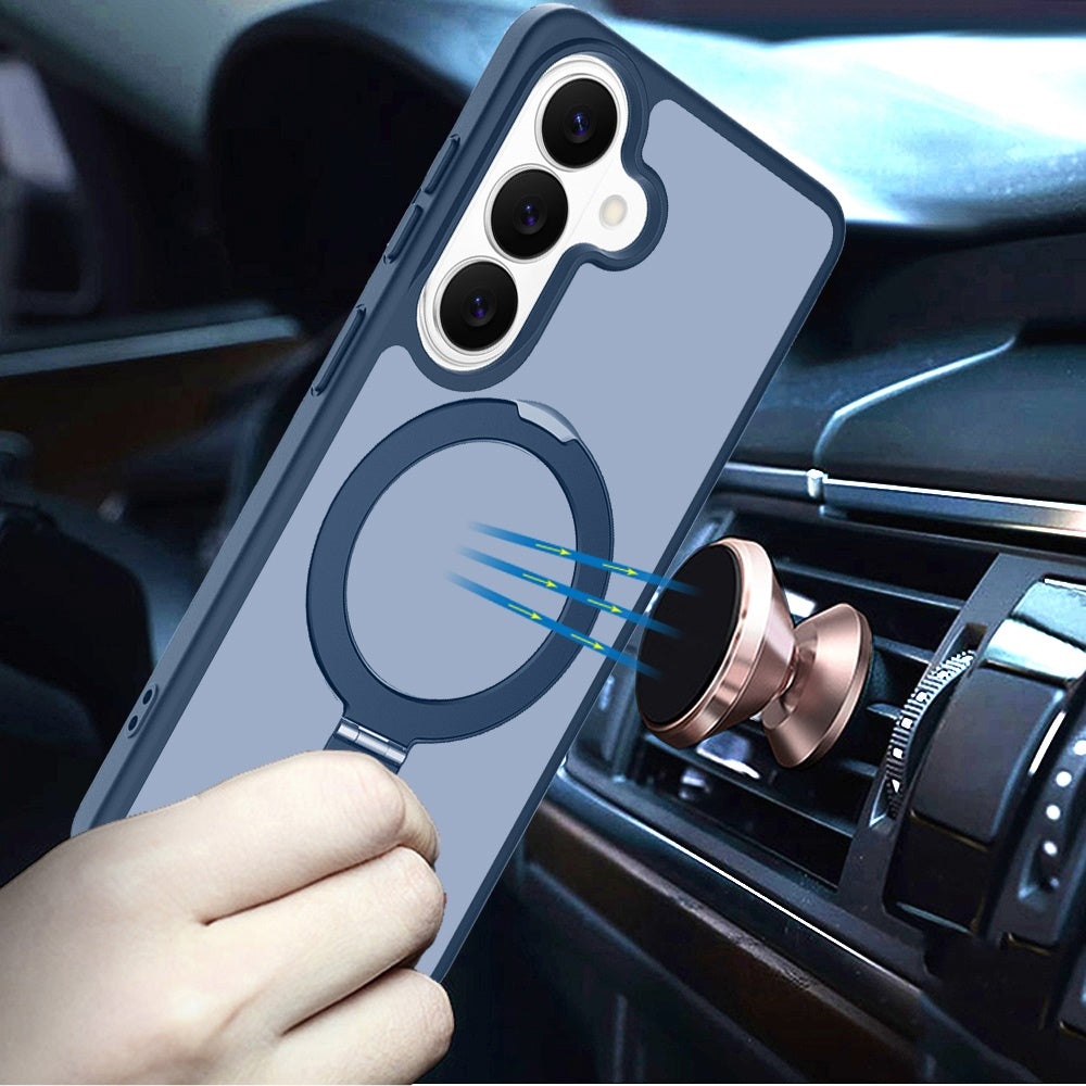 Phone Case for Samsung Galaxy S26 FE /Fan Edition Magnetic Ring Stand Full Rotation Matte Shockproof Grip Anti Slip Durable Camera Protection Hybrid Cover Blue