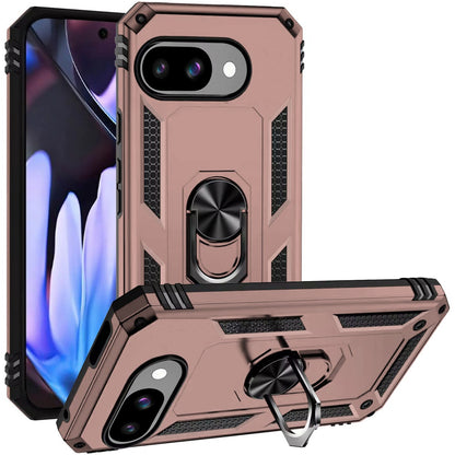 For Google Pixel 9A Hybrid Shockproof Durable 360 Degree Rotatable Ring Stand Holder Kickstand Fit Magnetic Car Mount Case Cover Rose Gold