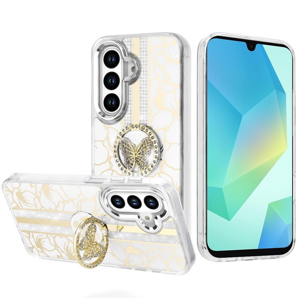 For Samsung Galaxy A16 5G Diamonds 3D Butterfly Floral Design Bling Sparkly Glitter Hybrid Metal Fashion with Ring Stand Case Cover
