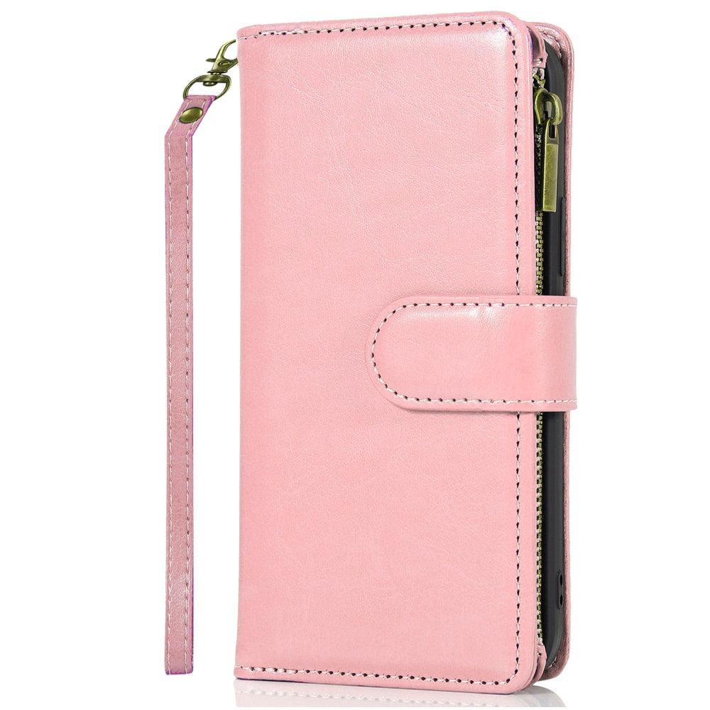 For Samsung Galaxy S25 Ultra Leather Wallet Case with Zipper, 9 Card Slots, Cash Pocket, Stand & Strap, Clutch Pouch Design Case Cover Rose Gold