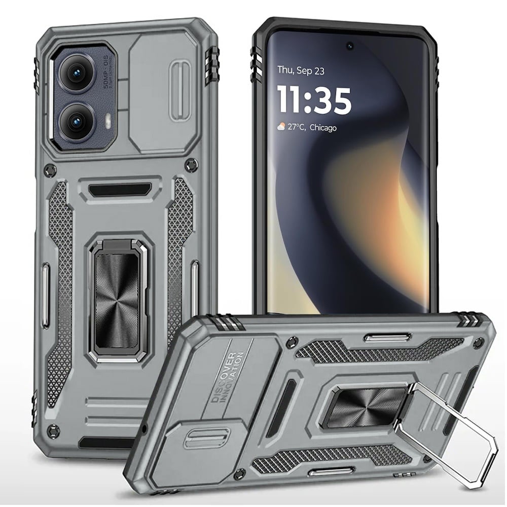 Phone Case for Motorola Edge 2024 Tough Metal Ring Shockproof Sliding Camera Window Hybrid Armor Rugged Anti Slip Heavy Duty Grip Cover Gray