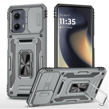 Phone Case for Motorola Edge 2024 Tough Metal Ring Shockproof Sliding Camera Window Hybrid Armor Rugged Anti Slip Heavy Duty Grip Cover Gray