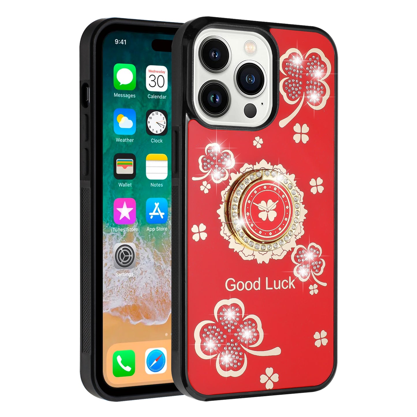 For iPhone 16 (6.1") Diamonds 3D Fashion Floral Bling Sparkly Glitter Ornaments Engraving Hybrid with Ring Stand Case Cover Good Luck Floral Red