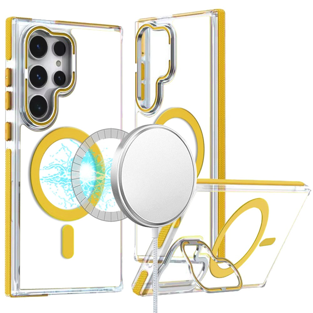 For Samsung Galaxy S25 /S24 Hybrid Clear Back Case with Invisible Camera Bracket Stand, MagSafe Magnetic Circle, Shockproof Color Frame Case Cover