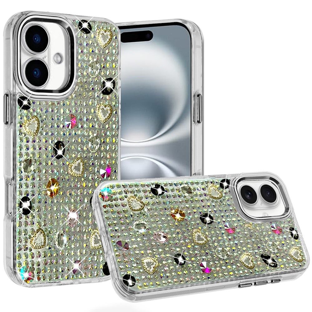 Phone Case for Apple iPhone 16 Chrome Fashion Hybrid Bling Diamond Heart Rhinestone Decorative Stones Sparkling Embellished Design Cover