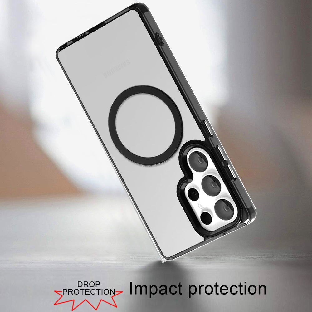 For Samsung Galaxy S23 Ultra Transparent Back Hybrid Case - Magnetic Circle, Color Frame, Metal Buttons, MagSafe Compatible Case Cover