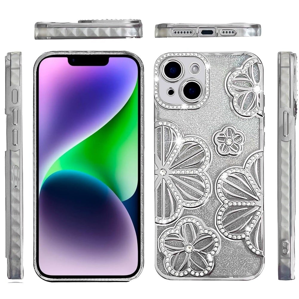 For iPhone 14/13 (6.1") Luxury Flower Design Sparkle Glitter Diamond Rhinestone Shimmer Bling Plating Thick TPU Hard PC Case Cover