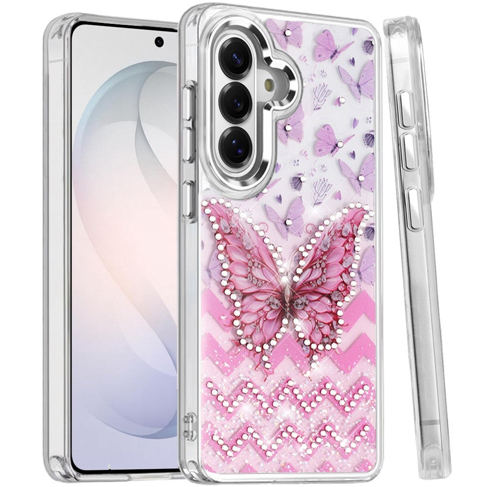 Phone Case for Samsung Galaxy S26 FE /Fan Edition Butterfly Resin Epoxy Diamond Bling Metal Edge Shockproof Hybrid Luxury Protective Durable Stylish Fashion Grip Cover