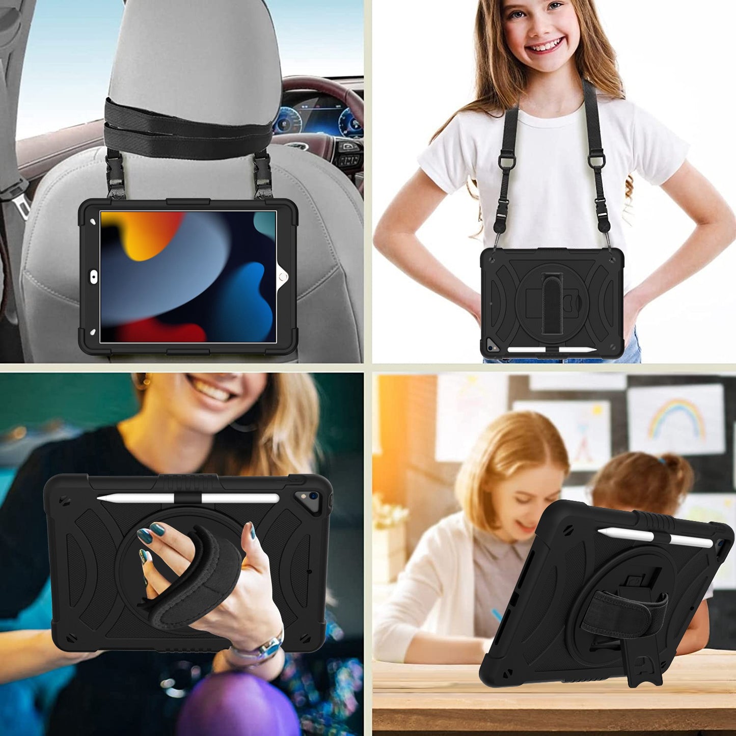 For 3-in-1 Tough Hybrid Shockproof Protector Silicone TPU with Pencil Holder, Kickstand, Hand & Shoulder Strap Black Tablet Case Cover