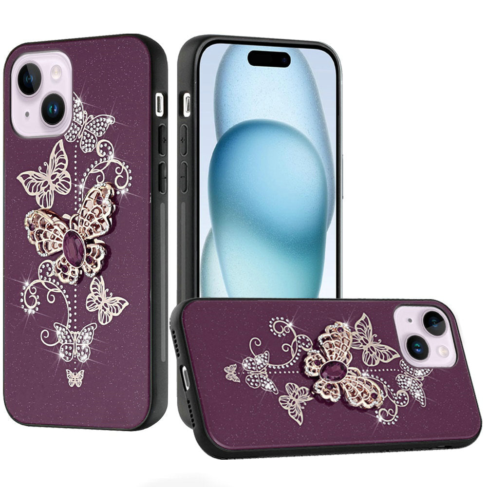 Phone Case for iPhone 15 Plus Diamond Glitter 3D Butterfly Engraved Luxury Bling Hybrid Shockproof Chrome Edge Protective Durable Grip Cover Purple