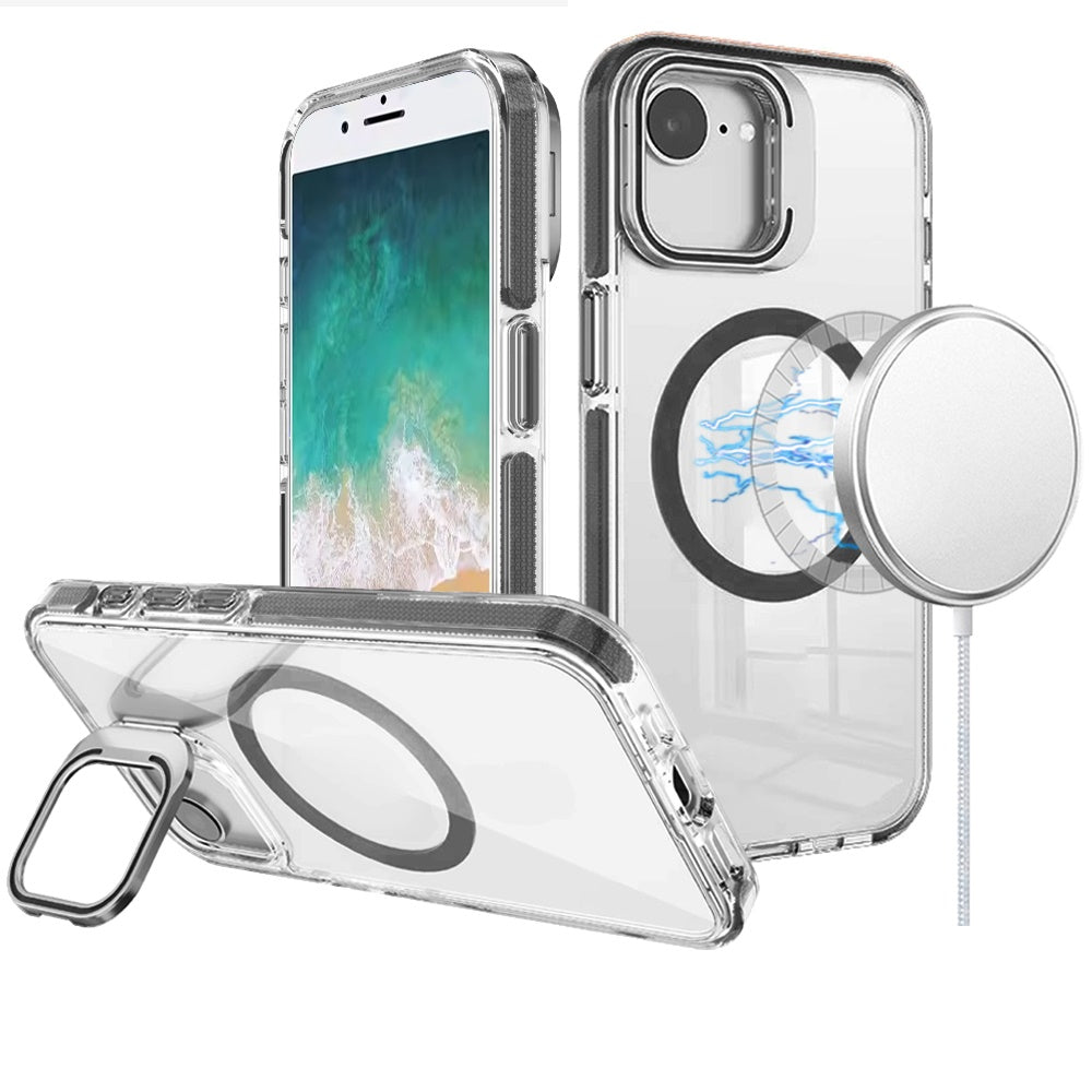 For Apple iPhone 16e (E edition) Built-in Camera Kick-Stand, Compatible with MagSafe, Transparent Colorful Edged Tough Hybrid TPU Case Cover Clear Black