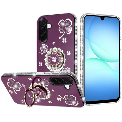 Phone Case for Samsung Galaxy A17 5G Glitter Diamond Ring Stand Sparkle Rhinestone Edge AntiSlip Kickstand Luxury Fashion Bumper Shockproof Cover Purple