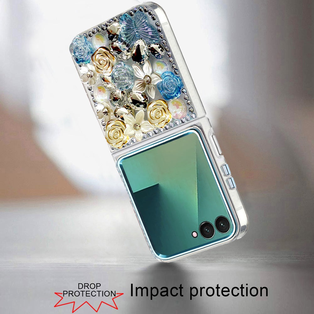 For Samsung Galaxy Z Flip 7 3D Diamond Floral Roses Flower Bling Stone Hybrid, Sparkly Rhinestone Gemstone Back Shockproof Case Cover