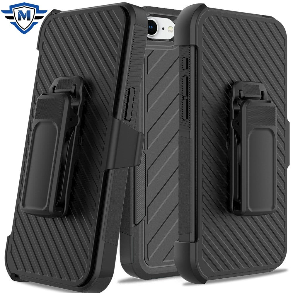 For Apple iPhone 16e Premium Tough Hybrid Case with Belt Clip Holster, Shockproof Rugged Design, Textured 2in1 Non-Slip Case Cover Black