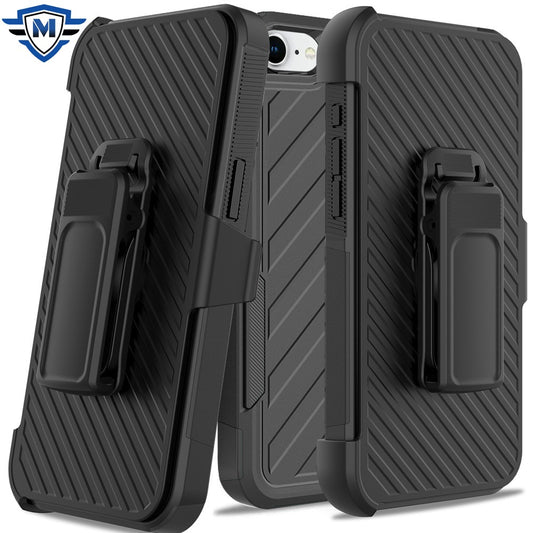For Apple iPhone 16e Premium Tough Hybrid Case with Belt Clip Holster, Shockproof Rugged Design, Textured 2in1 Non-Slip Case Cover Black