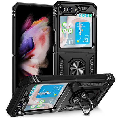 For Samsung Galaxy Z Flip 7 FE Hybrid Shockproof Protective with Magnetic 360° rotating Ring Kickstand, TPU Rubber PC Case Cover Black