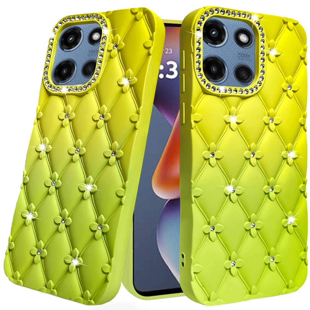 For Motorola Moto G 5G 2026/2025 Fashion Flower Design Sparkle Glitter Shimmer Rhinestone Bling Floral Accents, Leather Texture TPU Case Cover Light Green/Teal