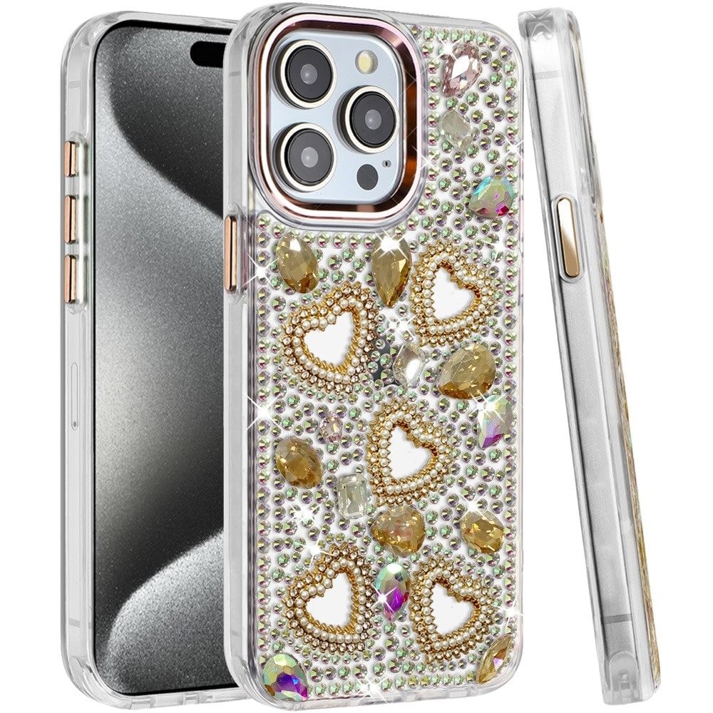 Phone Case for Apple iPhone 15 Pro Max Luxury Crystal Heart Rhinestone Diamond Bling Shockproof Hybrid Glitter Protective Stylish Durable Grip Cover