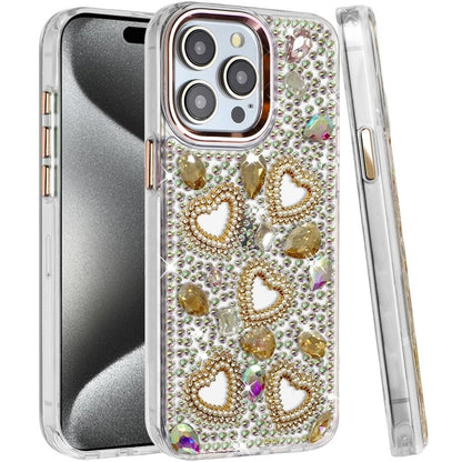 Phone Case for Apple iPhone 15 Pro Max Luxury Crystal Heart Rhinestone Diamond Bling Shockproof Hybrid Glitter Protective Stylish Durable Grip Cover