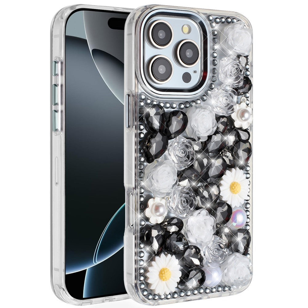 Phone Case for Apple iPhone 16 Pro Full Bling Rhinestone Glitter Floral Luxury Hybrid Shockproof Stylish Sparkling Protective Designer Ornament Cover