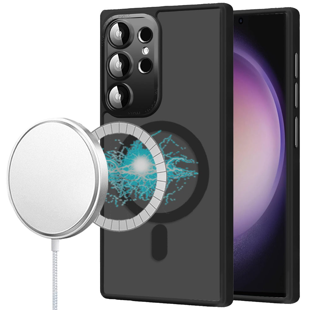 Phone Case for Samsung Galaxy S23 Ultra Shockproof Magnetic Hybrid Metal Frame Tempered Camera Glass Lens Protector Military Drop Protection Armor Cover Black