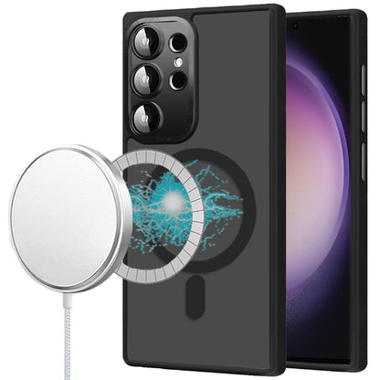 Phone Case for Samsung Galaxy S23 Ultra Shockproof Magnetic Hybrid Metal Frame Tempered Camera Glass Lens Protector Military Drop Protection Armor Cover Black