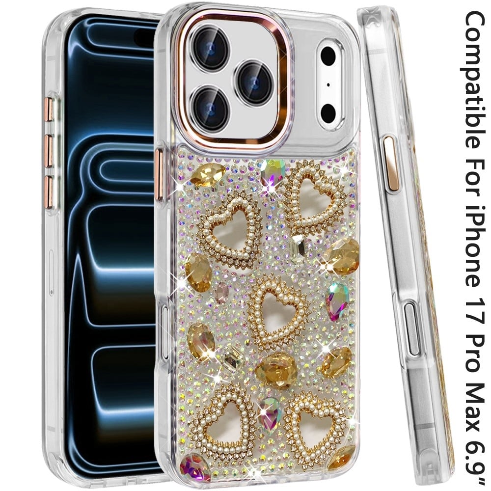 Phone Case for Apple iPhone 17 Pro Max Luxury Crystal Heart Rhinestone Diamond Bling Shockproof Hybrid Glitter Protective Stylish Durable Grip Cover