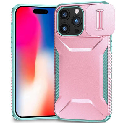 For Apple iPhone 16 Pro Slim Fit Shockproof Hybrid with Slide Camera Window Covering, Rugged Tpu Silicone Hard PC Bumper Case Cover Pink-Teal
