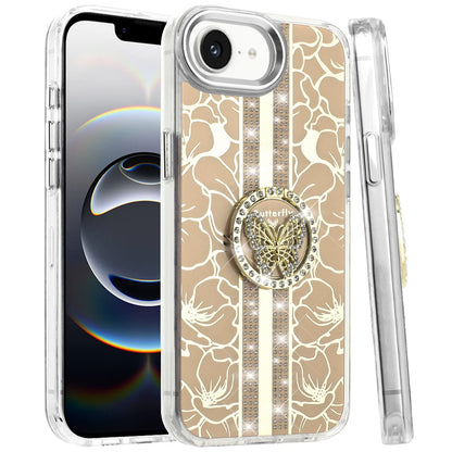 For Apple iPhone 17E /16E Diamonds 3D Butterfly Floral Design Bling Sparkly Glitter Hybrid Metal Fashion with Ring Stand Case Cover