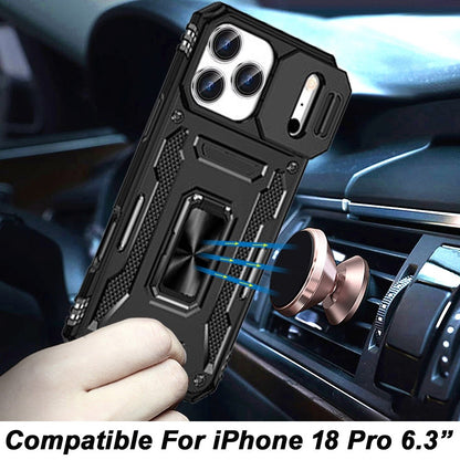 Phone Case for Apple iPhone 18 Pro Tough Metal Ring Shockproof Sliding Camera Window Hybrid Armor Rugged Anti Slip Heavy Duty Grip Cover