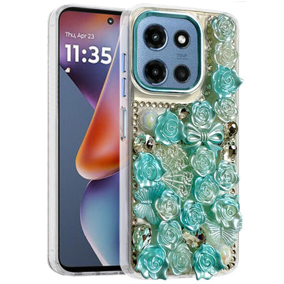 For Motorola Moto G Play 5G 2026 3D Diamond Floral Roses Flower Bling Stone Hybrid, Sparkly Rhinestone Gemstone Back Shockproof Case Cover