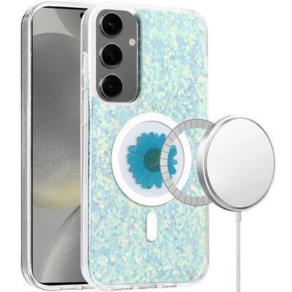 For Samsung Galaxy S24+ Plus MagSafe Compatible Glitter Flower Epoxy Hybrid Slim TPU Case, Magnetic Circle Design, Sparkly Bling Protective Case Cover Silver