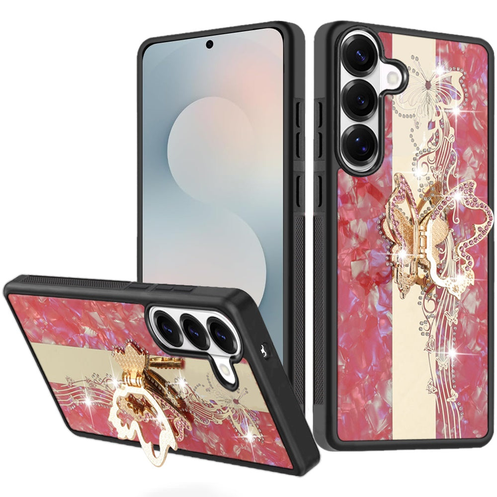 Phone Case for Samsung Galaxy S25 FE, S25 Fan Edition Diamond 3D Fashion Floral Glitter Engraved Luxury Bling Hybrid Shockproof Chrome Edge Protective Grip Cover Enchanted Butterfly Red