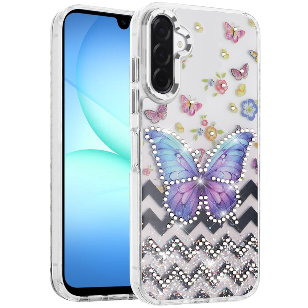 For Samsung Galaxy A17 5G Butterfly Resin Epoxy Diamond Design Metal Edged Hybrid Shockproof Heavy Duty Drop Protection Case Cover