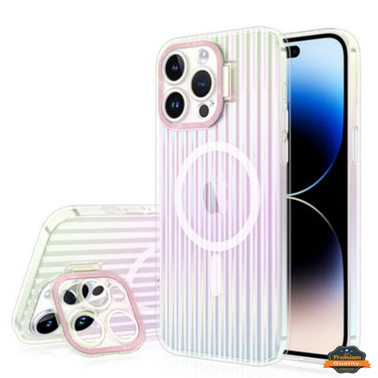 For Apple iPhone 15 (6.1") Built-in Camera Kickstand Clip Shockproof Iridescent Holographic Colorful TPU Slim Protective  Phone Case Cover