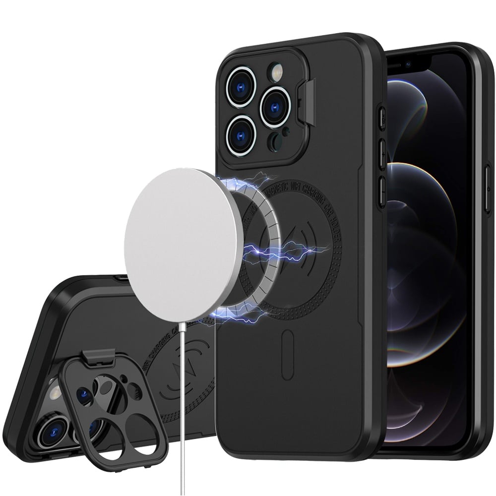 Phone Case for Apple iPhone 12 Pro Max Magnetic Hybrid with Camera Cap Stand Guard and Compatible with MagSafe Shockproof Protective Durable Cover Black