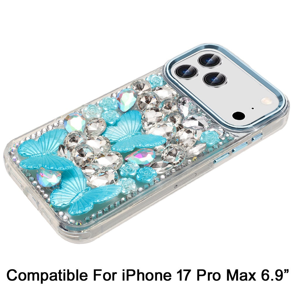 Phone Case for Apple iPhone 17 Pro Max Luxury 3D Floral Butterfly Bling Rhinestone Glitter Shockproof Stylish Protective Hybrid Designer Metallic Cover Blue