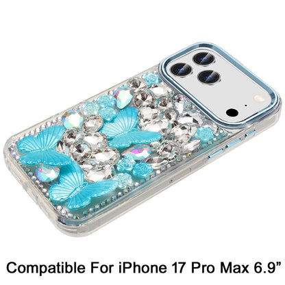 Phone Case for Apple iPhone 17 Pro Max Luxury 3D Floral Butterfly Bling Rhinestone Glitter Shockproof Stylish Protective Hybrid Designer Metallic Cover Blue