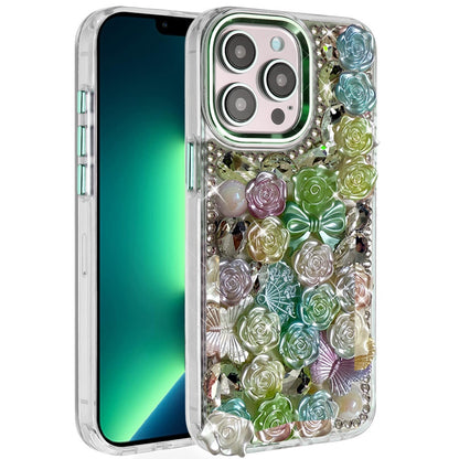 For Apple iPhone 13 Pro Max Muti-Color Floral Fashion Bling Crystal 3D Full Diamonds Stones Sparkle Rhinestone Glitter Hybrid Case Cover Green