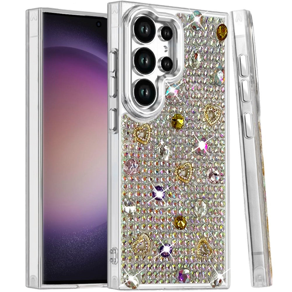 Phone Case for Samsung Galaxy S23 Ultra Chrome Fashion Hybrid Bling Diamond Heart Rhinestone Decorative Stones Sparkling Embellished Design Cover