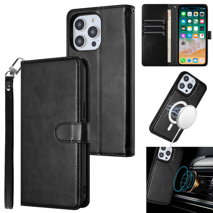 For Apple iPhone 16 (6.1") Deattachable PU Leather Hybrid Wallet Money Credit Card Holder Support Magsafe Charger Case Cover Black