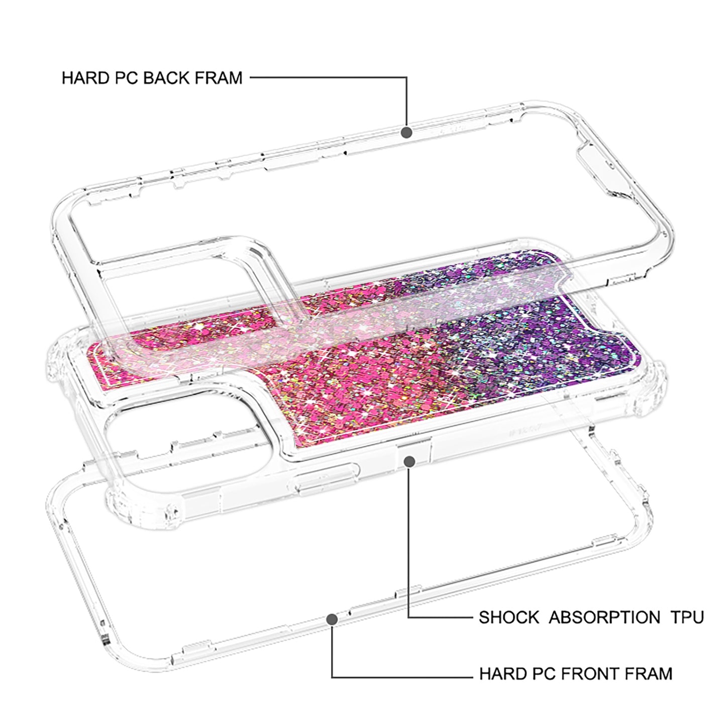 For Samsung Galaxy A26 Epoxy Bling Glitter Sparkly 3-in-1 Transparent Hybrid Full-Body Shockproof PC Bumper Case Cover Hot Pink + Purple