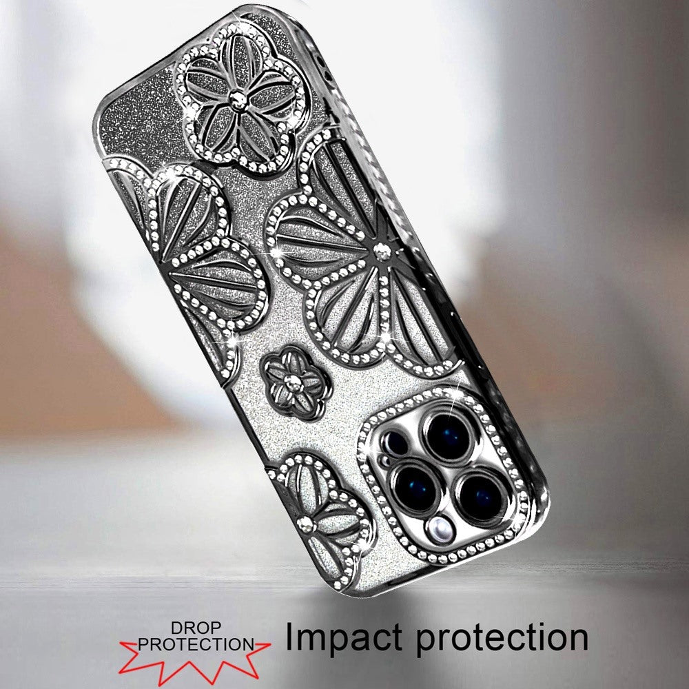 For Apple iPhone 15 Pro Max Luxury Floral Design Sparkle Glitter Diamond Crystal Rhinestone Shimmer Bling Plating Thick TPU Hard PC Case Cover