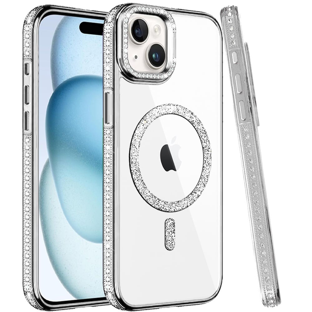 Phone Case for Apple iPhone 15 Luxury Diamond Bling Edged Magnetic Glitter Shockproof Hybrid with Camera Kickstand Durable Grip Cover
