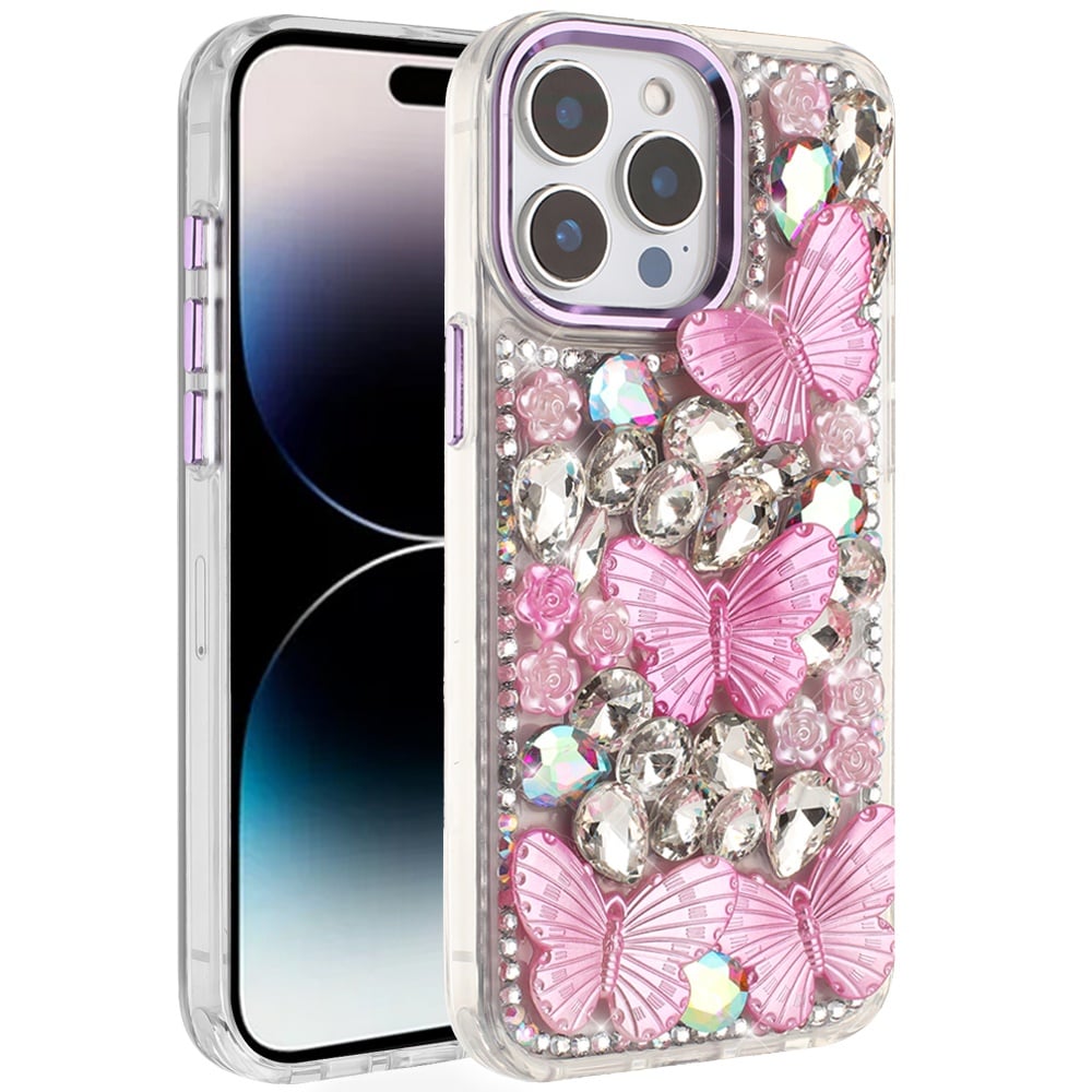 Phone Case for Apple iPhone 14 Pro Max Luxury 3D Floral Butterfly Bling Rhinestone Glitter Shockproof Stylish Protective Hybrid Designer Metallic Cover Purple