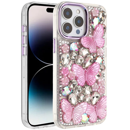 Phone Case for Apple iPhone 14 Pro Max Luxury 3D Floral Butterfly Bling Rhinestone Glitter Shockproof Stylish Protective Hybrid Designer Metallic Cover Purple